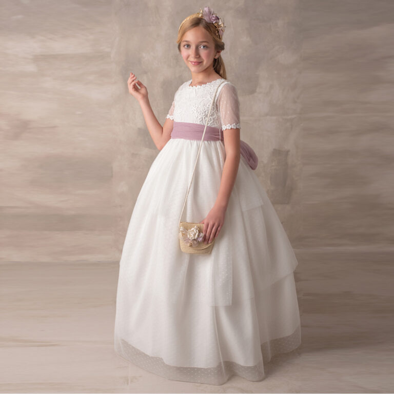 NK 1373 | Vestido longo, corpete em renda e costa aberta, com cinto rosa.