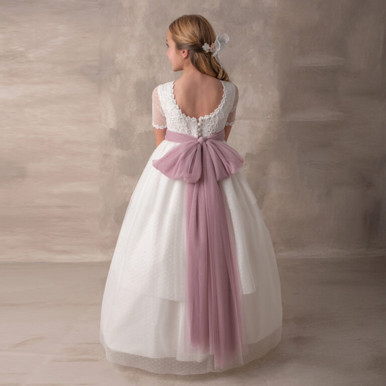 NK 1373 | Vestido longo, corpete em renda e costa aberta, com cinto rosa.